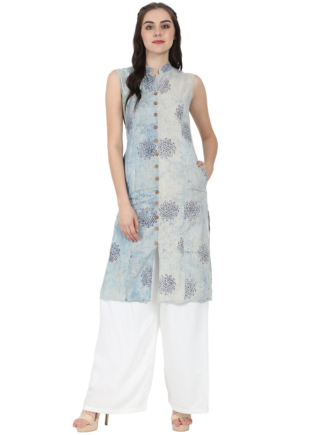 Women's Blue Printed Sleeveless Cotton A-Line Kurta