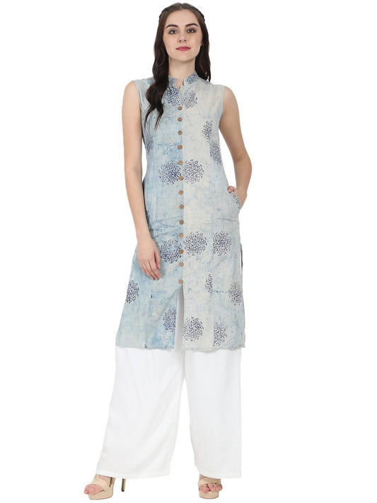 Women's Blue Printed Sleeveless Cotton A-Line Kurta