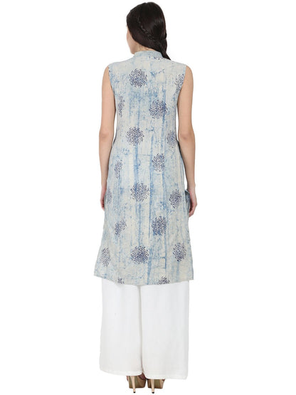 Women's Blue Printed Sleeveless Cotton A-Line Kurta