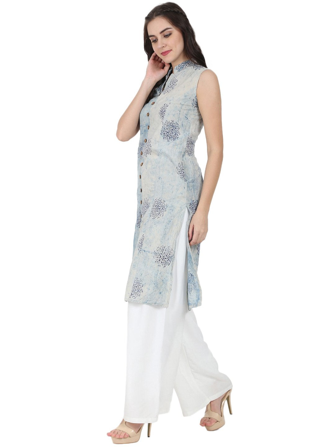 Women's Blue Printed Sleeveless Cotton A-Line Kurta