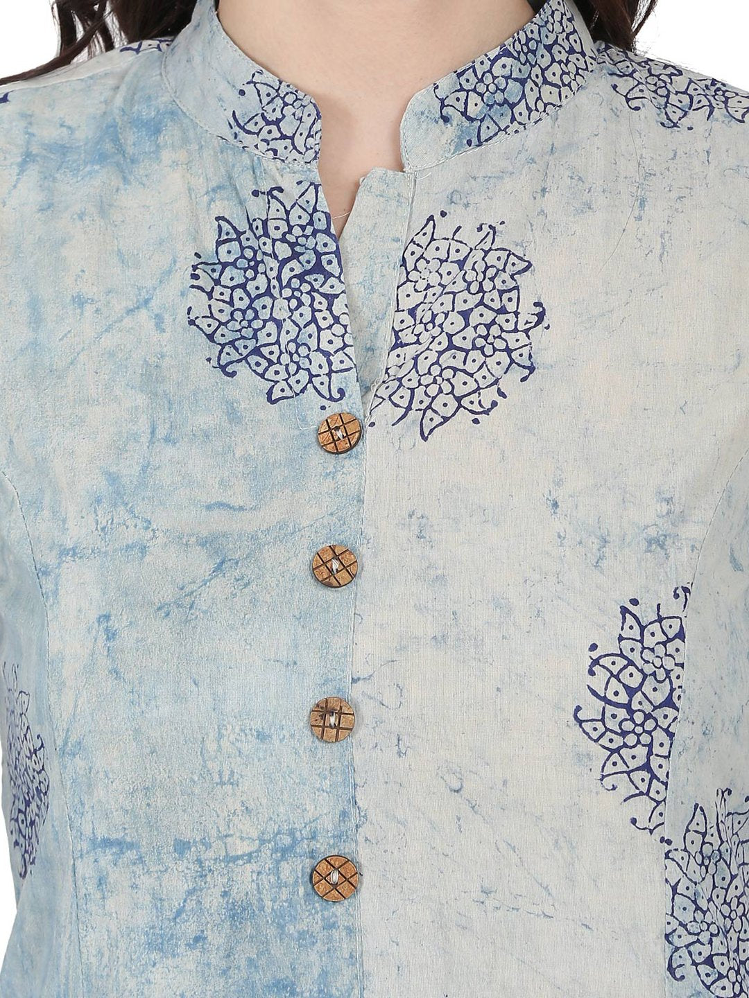 Women's Blue Printed Sleeveless Cotton A-Line Kurta