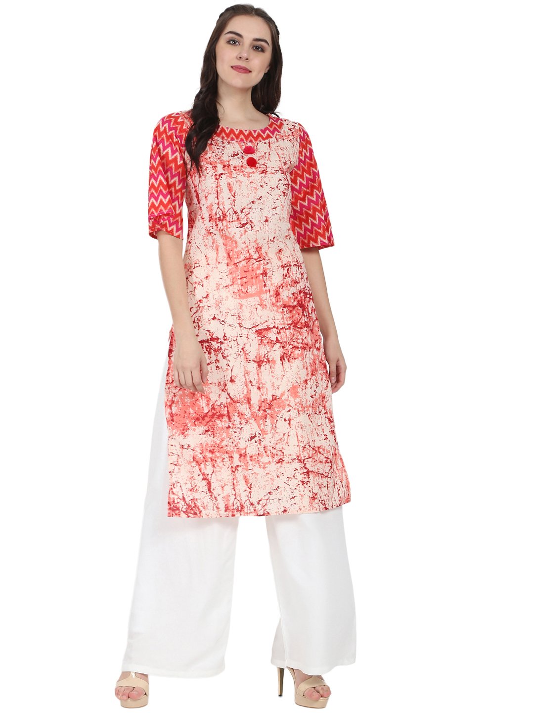 Women's Peach Printed 3/4Th Sleeve Cotton Kurta