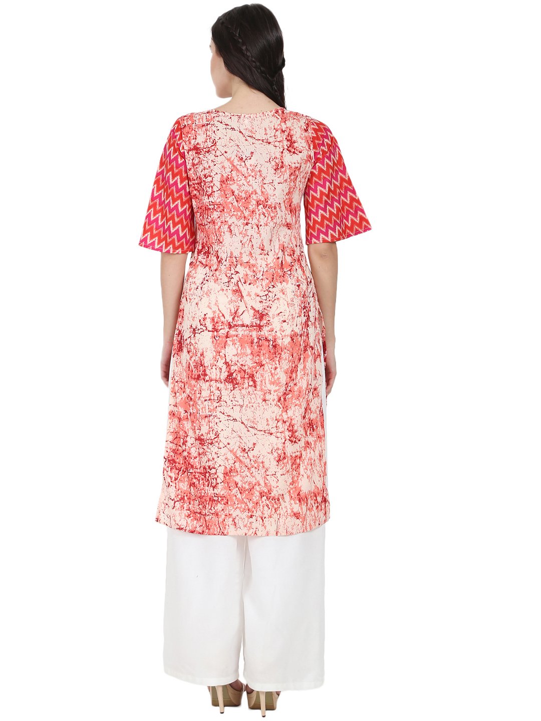 Women's Peach Printed 3/4Th Sleeve Cotton Kurta