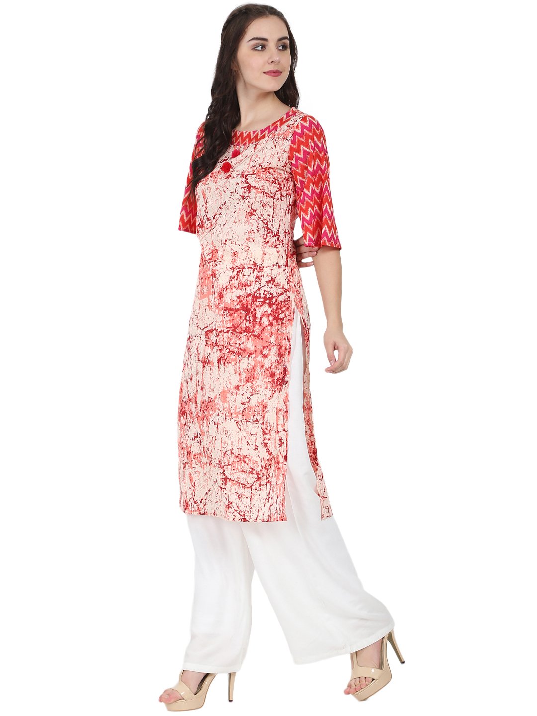 Women's Peach Printed 3/4Th Sleeve Cotton Kurta