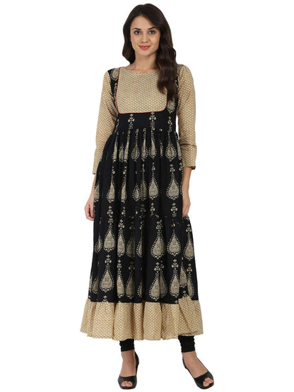 Women's Blue & Beige Printed 3/4Th Sleeve Cotton Tiered Anarkali Kurta