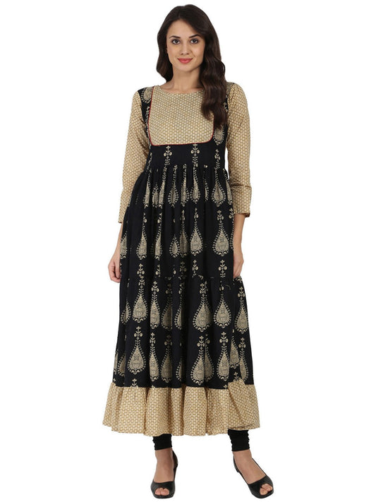 Women's Blue & Beige Printed 3/4Th Sleeve Cotton Tiered Anarkali Kurta