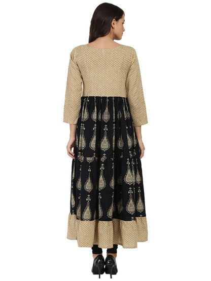 Women's Blue & Beige Printed 3/4Th Sleeve Cotton Tiered Anarkali Kurta