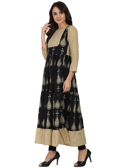 Women's Blue & Beige Printed 3/4Th Sleeve Cotton Tiered Anarkali Kurta