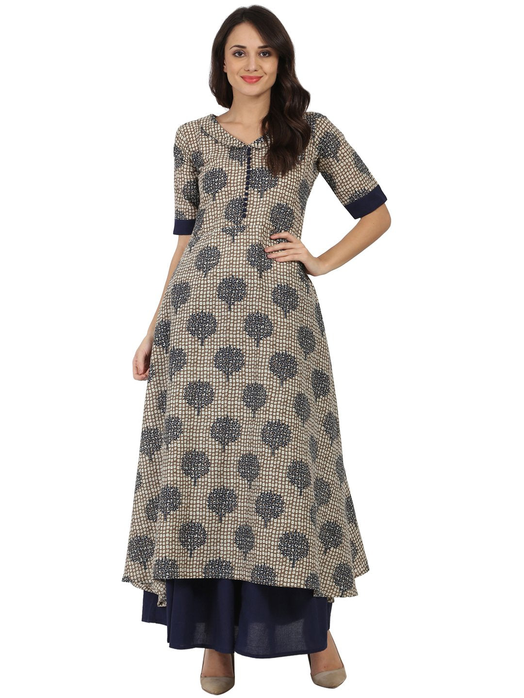 Women's Blue Printed Half Sleeve Cotton A-Line Kurta With Blue Flared Skirt