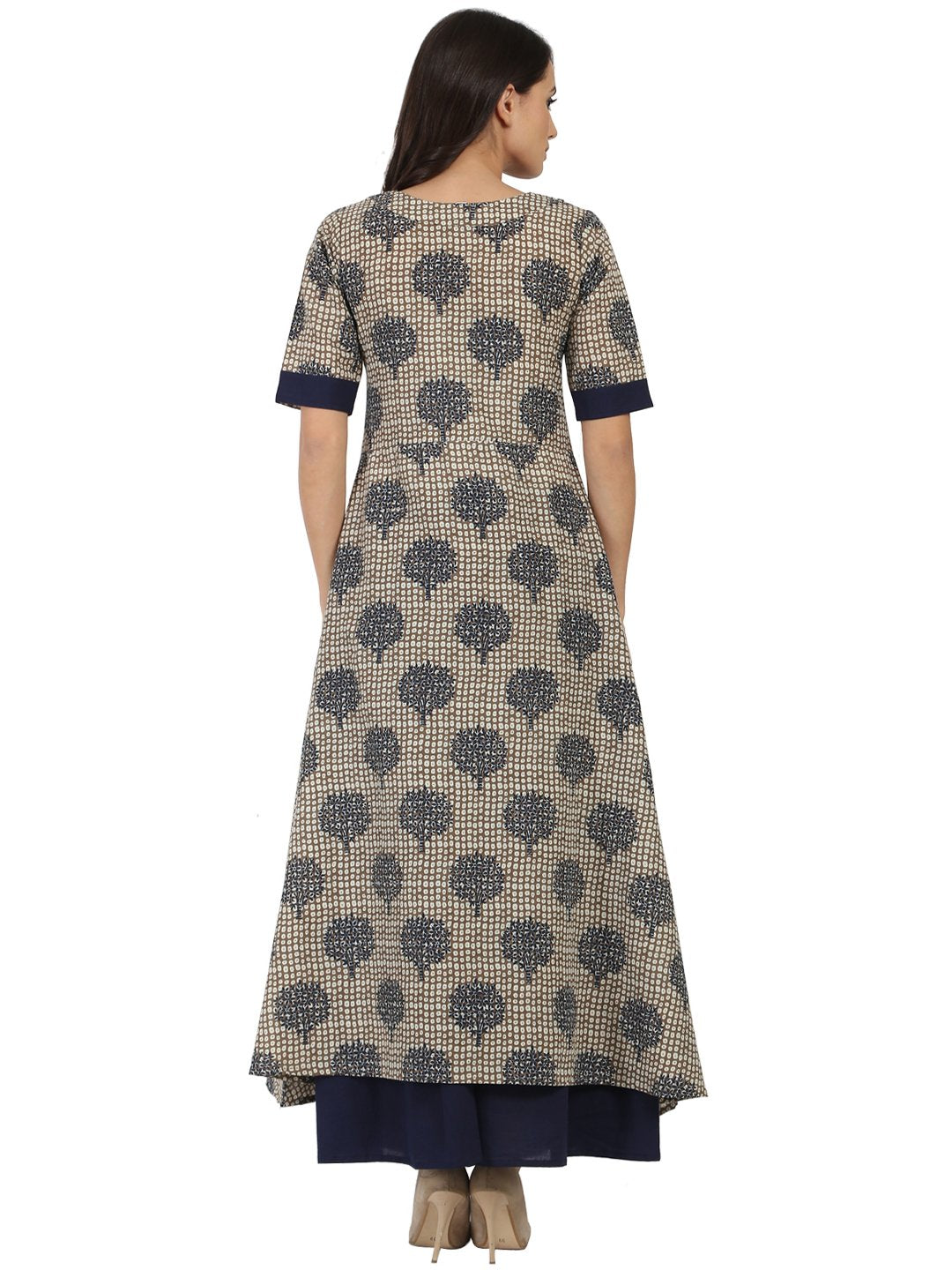 Women's Blue Printed Half Sleeve Cotton A-Line Kurta With Blue Flared Skirt