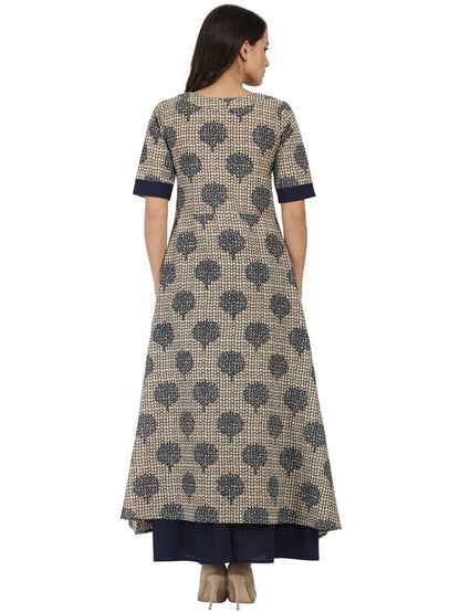 Women's Blue Printed Half Sleeve Cotton A-Line Kurta With Blue Flared Skirt