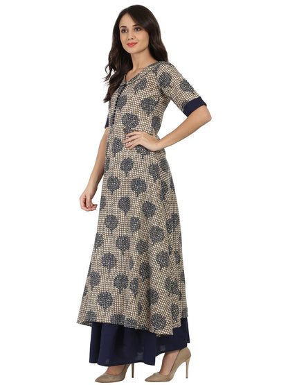 Women's Blue Printed Half Sleeve Cotton A-Line Kurta With Blue Flared Skirt