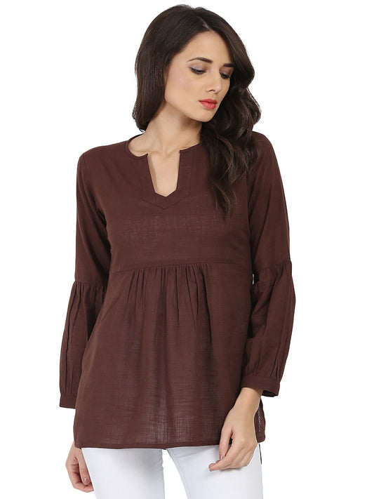 Women's Coffee Brown 3/4Th Sleeve Cotton Slub Tunic