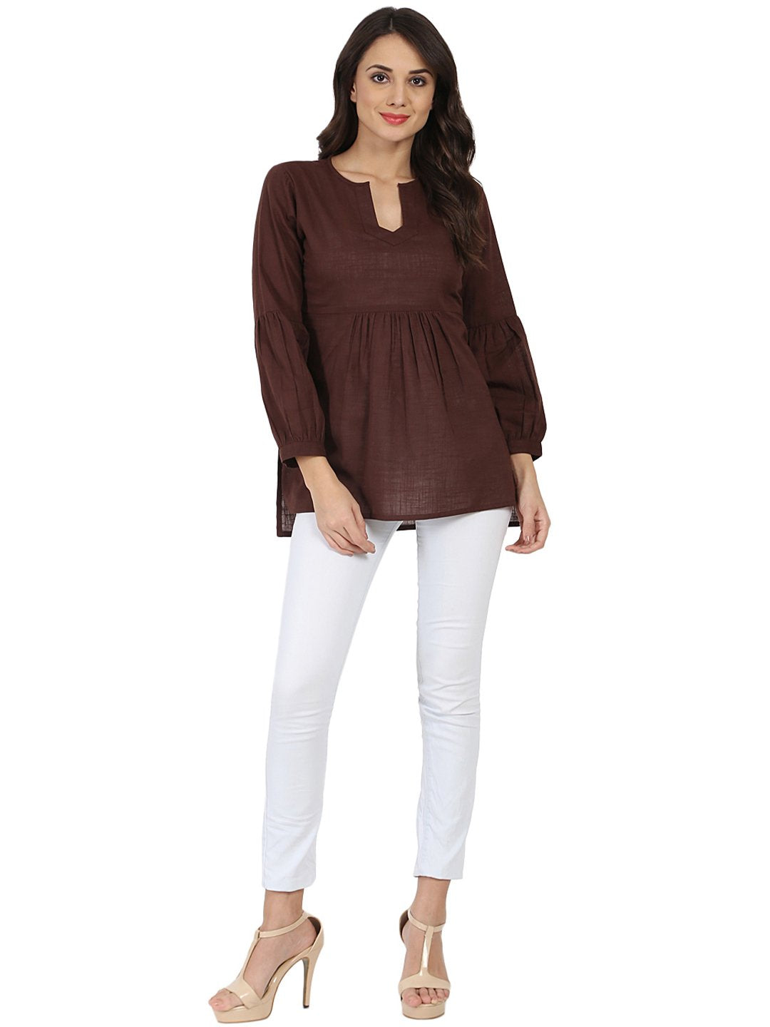 Women's Coffee Brown 3/4Th Sleeve Cotton Slub Tunic