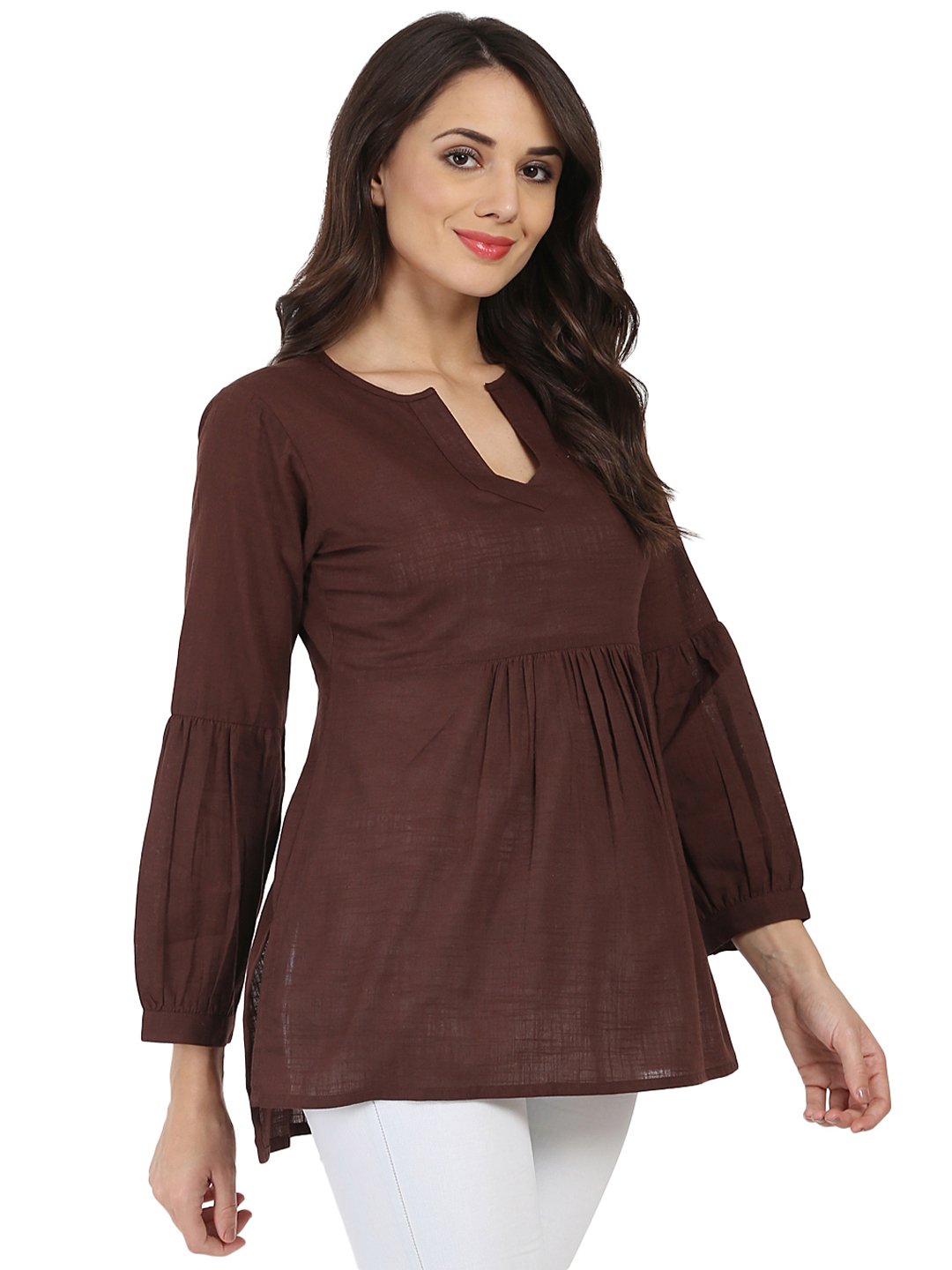 Women's Coffee Brown 3/4Th Sleeve Cotton Slub Tunic