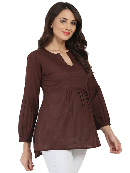 Women's Coffee Brown 3/4Th Sleeve Cotton Slub Tunic