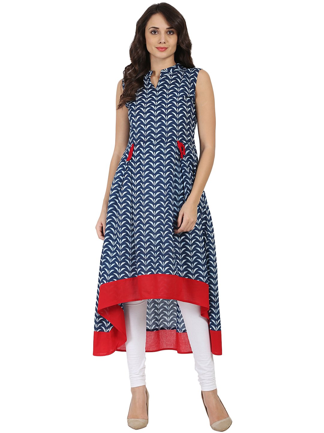Women's Blue Printed Sleeveless Cotton A-Line Kurta
