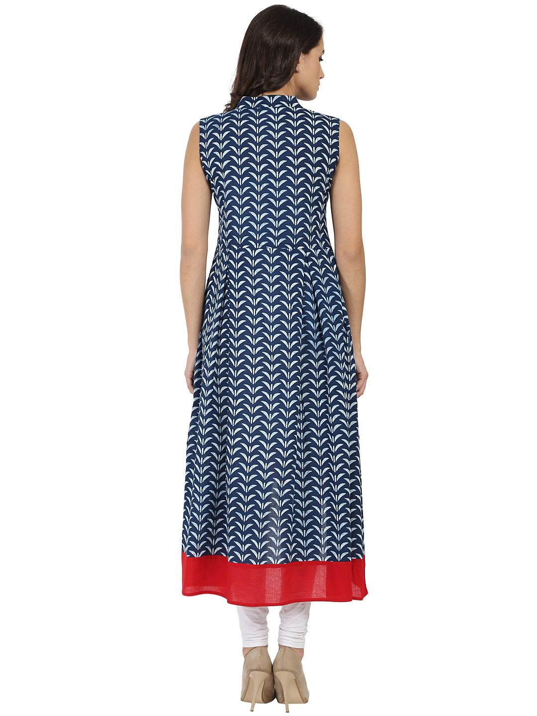 Women's Blue Printed Sleeveless Cotton A-Line Kurta