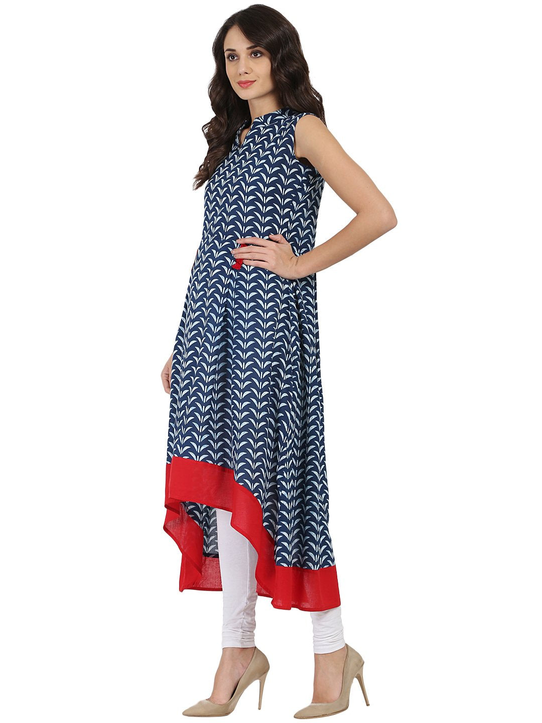 Women's Blue Printed Sleeveless Cotton A-Line Kurta