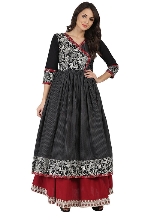 Women's Black Printed 3/4Th Sleeve Cotton Angrakha Style Kurta