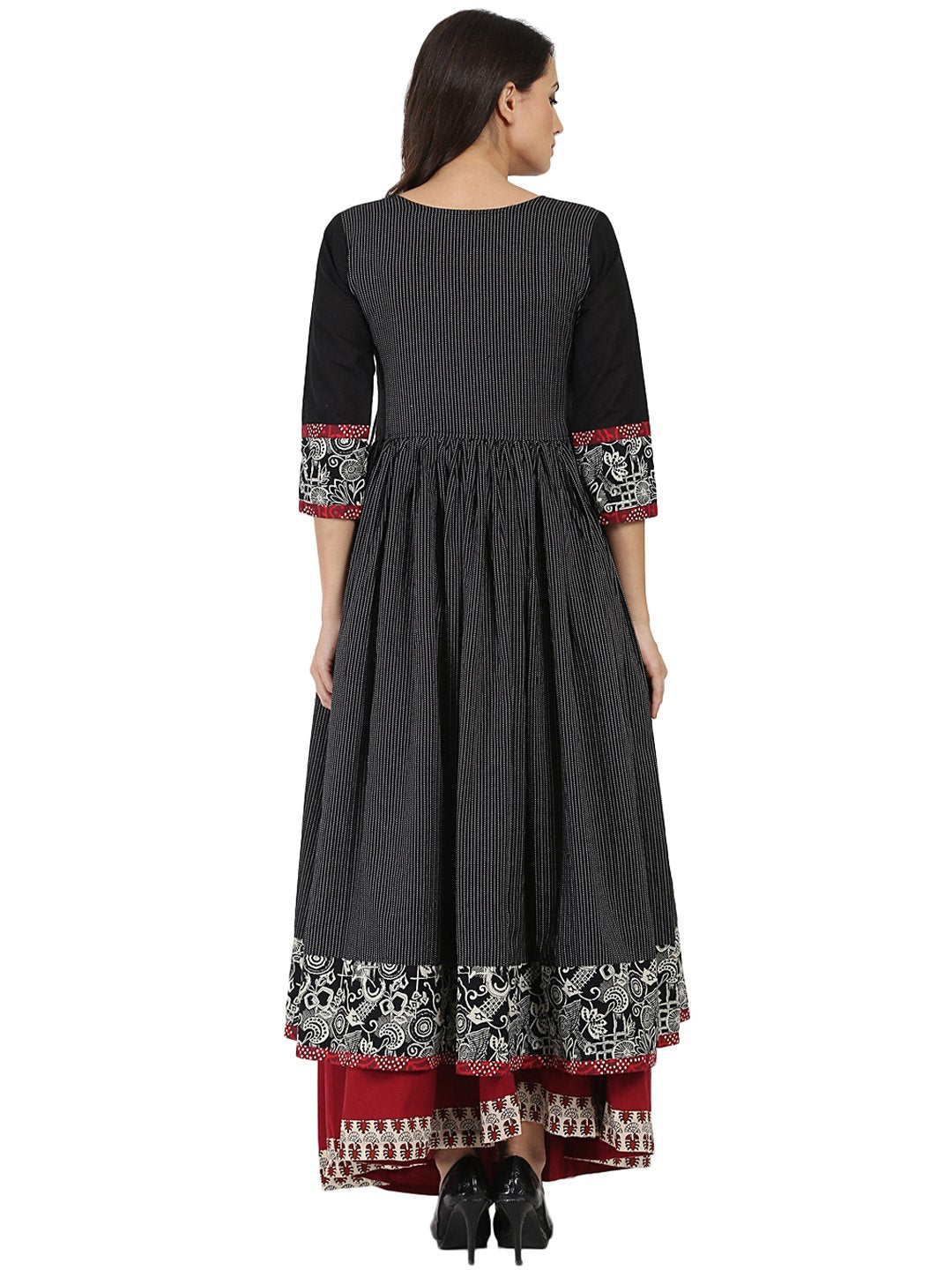 Women's Black Printed 3/4Th Sleeve Cotton Angrakha Style Kurta