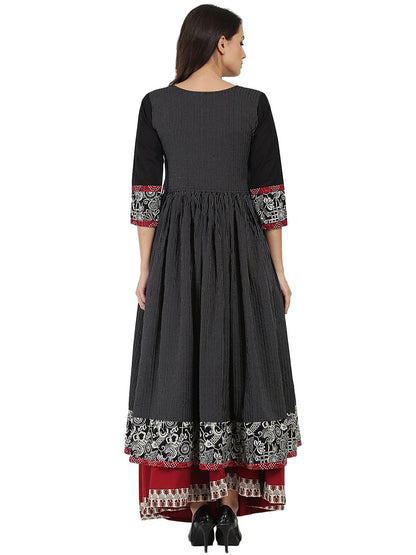 Women's Black Printed 3/4Th Sleeve Cotton Angrakha Style Kurta