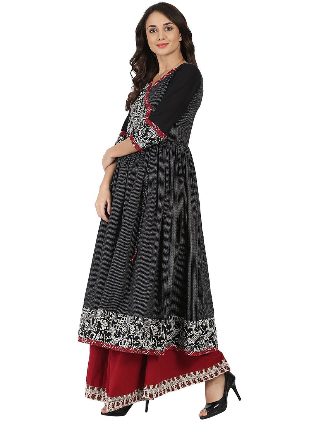 Women's Black Printed 3/4Th Sleeve Cotton Angrakha Style Kurta