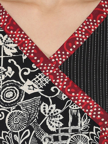 Women's Black Printed 3/4Th Sleeve Cotton Angrakha Style Kurta