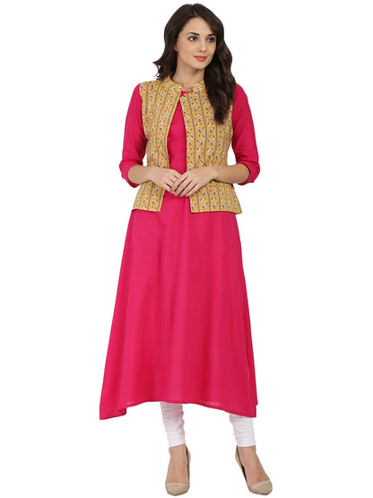 Women's Pink 3/4Th Sleeve Cotton A-Line Kurta With Yellow Printed Jacket