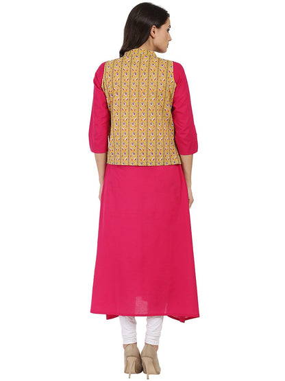 Women's Pink 3/4Th Sleeve Cotton A-Line Kurta With Yellow Printed Jacket