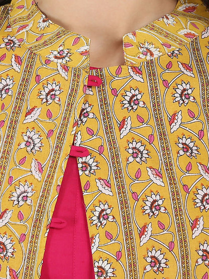 Women's Pink 3/4Th Sleeve Cotton A-Line Kurta With Yellow Printed Jacket