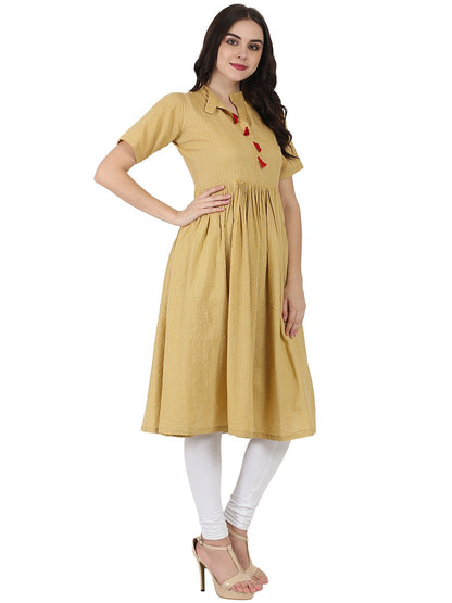 Women's Beige Half Sleeve Cotton Anarkali Kurta