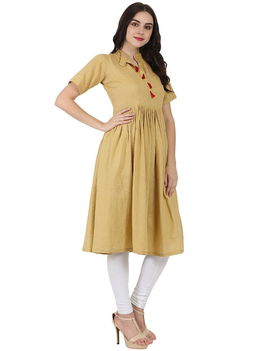 Women's Beige Half Sleeve Cotton Anarkali Kurta