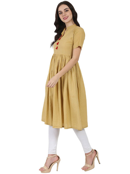 Women's Beige Half Sleeve Cotton Anarkali Kurta