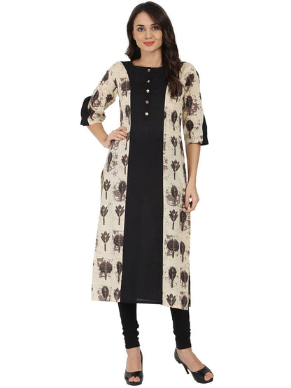 Women's Black & Beige Printed 3/4Th Sleeve Cotton A-Line Kurta