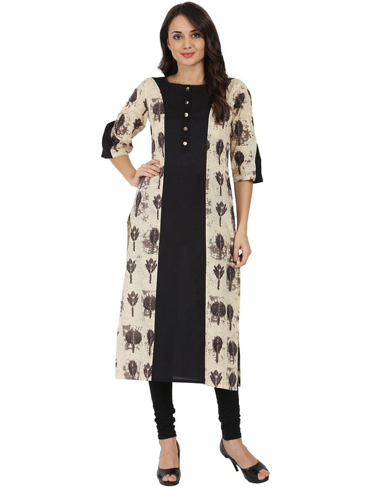 Women's Black & Beige Printed 3/4Th Sleeve Cotton A-Line Kurta