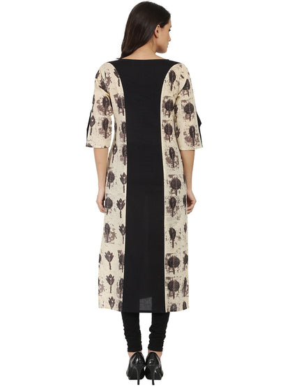 Women's Black & Beige Printed 3/4Th Sleeve Cotton A-Line Kurta
