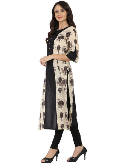 Women's Black & Beige Printed 3/4Th Sleeve Cotton A-Line Kurta