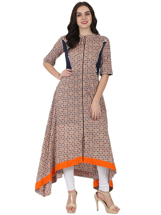 Women's Nude Printed Half Sleeve Cotton A-Line High Low Kurta