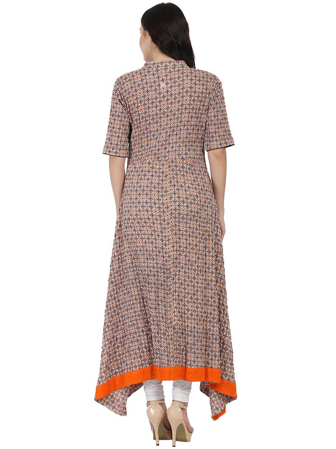 Women's Nude Printed Half Sleeve Cotton A-Line High Low Kurta