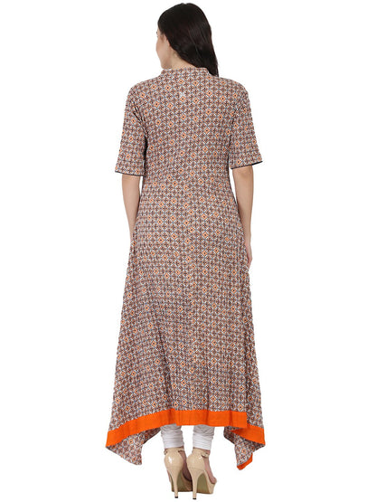 Women's Nude Printed Half Sleeve Cotton A-Line High Low Kurta