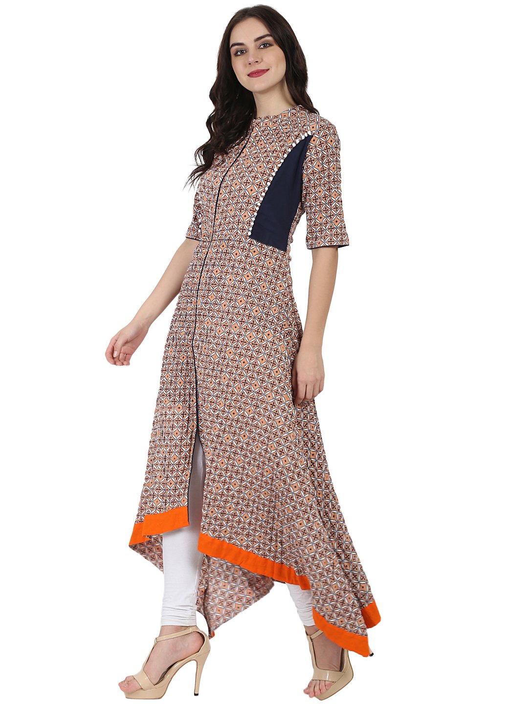 Women's Nude Printed Half Sleeve Cotton A-Line High Low Kurta