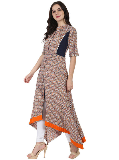 Women's Nude Printed Half Sleeve Cotton A-Line High Low Kurta
