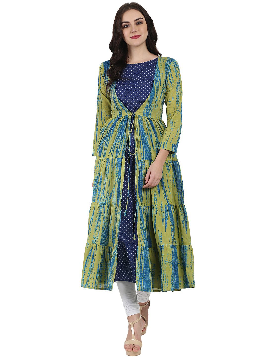 Women's Blue Printed Cotton Kurta With Green Printed Full Sleeve Tiered Anarkali Shape Ankle Length Jacket