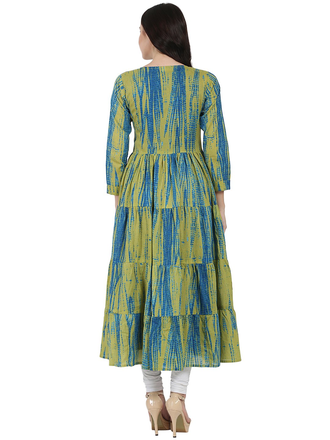 Women's Blue Printed Cotton Kurta With Green Printed Full Sleeve Tiered Anarkali Shape Ankle Length Jacket