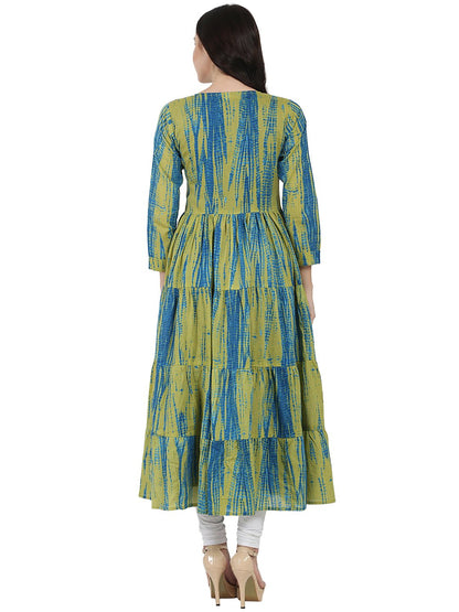 Women's Blue Printed Cotton Kurta With Green Printed Full Sleeve Tiered Anarkali Shape Ankle Length Jacket
