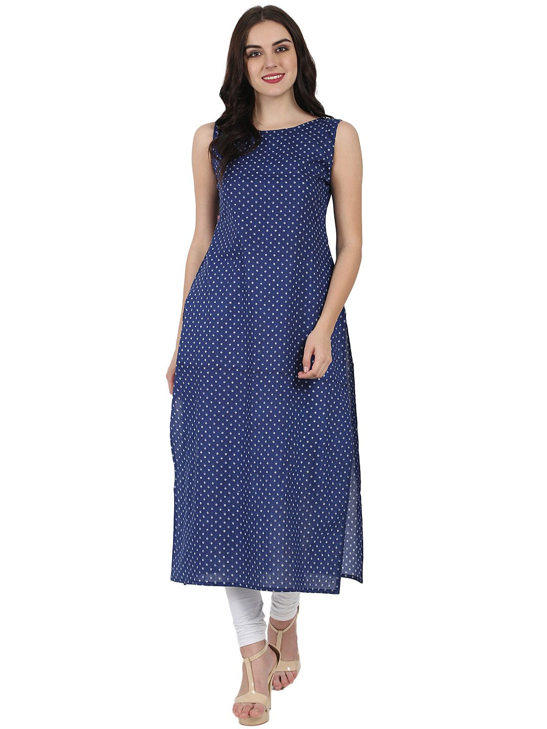 Women's Blue Printed Cotton Kurta With Green Printed Full Sleeve Tiered Anarkali Shape Ankle Length Jacket
