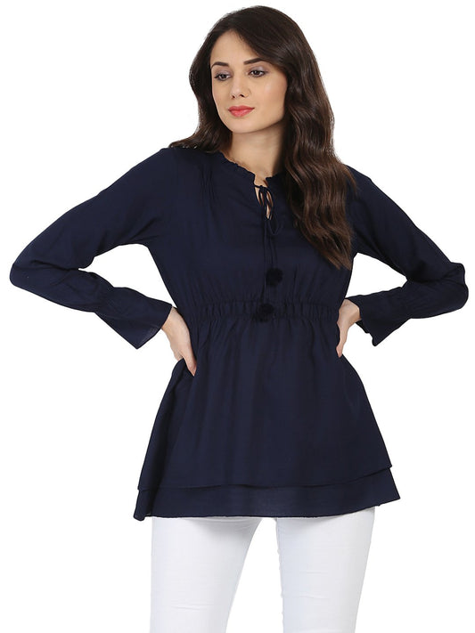 Women's Blue Full Sleeve Rayon Tunic With Dori & Latkan Work At Yoke