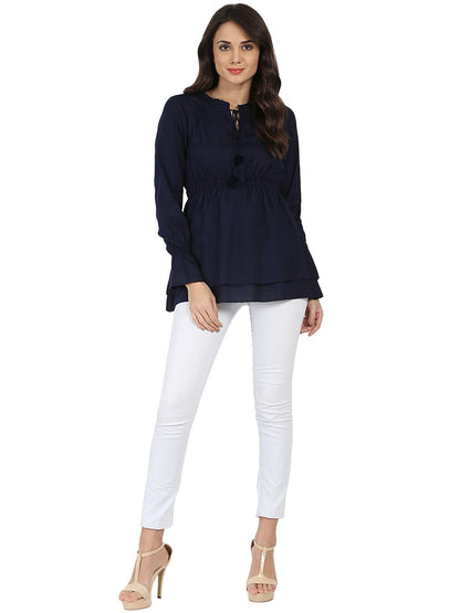 Women's Blue Full Sleeve Rayon Tunic With Dori & Latkan Work At Yoke