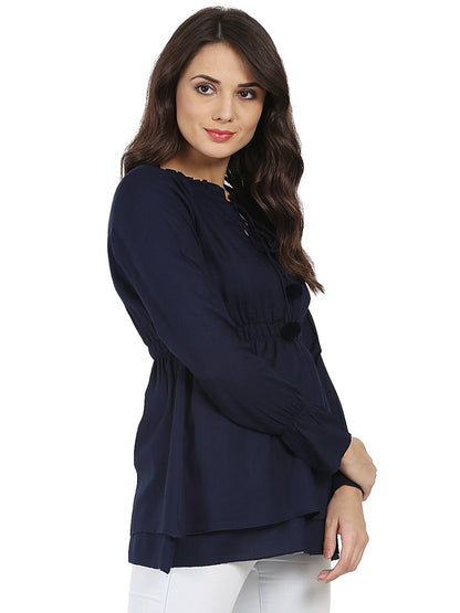 Women's Blue Full Sleeve Rayon Tunic With Dori & Latkan Work At Yoke